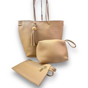 Ellie Women's Bag Tote Handbag 3 Piece Set 100% Vegan Leather Fawn Pebbled NWOT